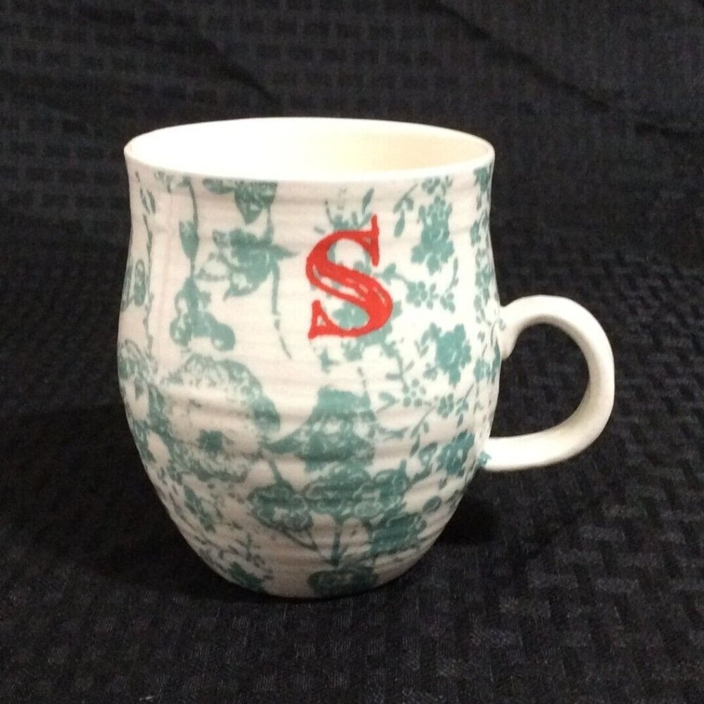 Anthropologie Coffee Mug Monogram Lower Case s Curved Sage Coral Floral Garden